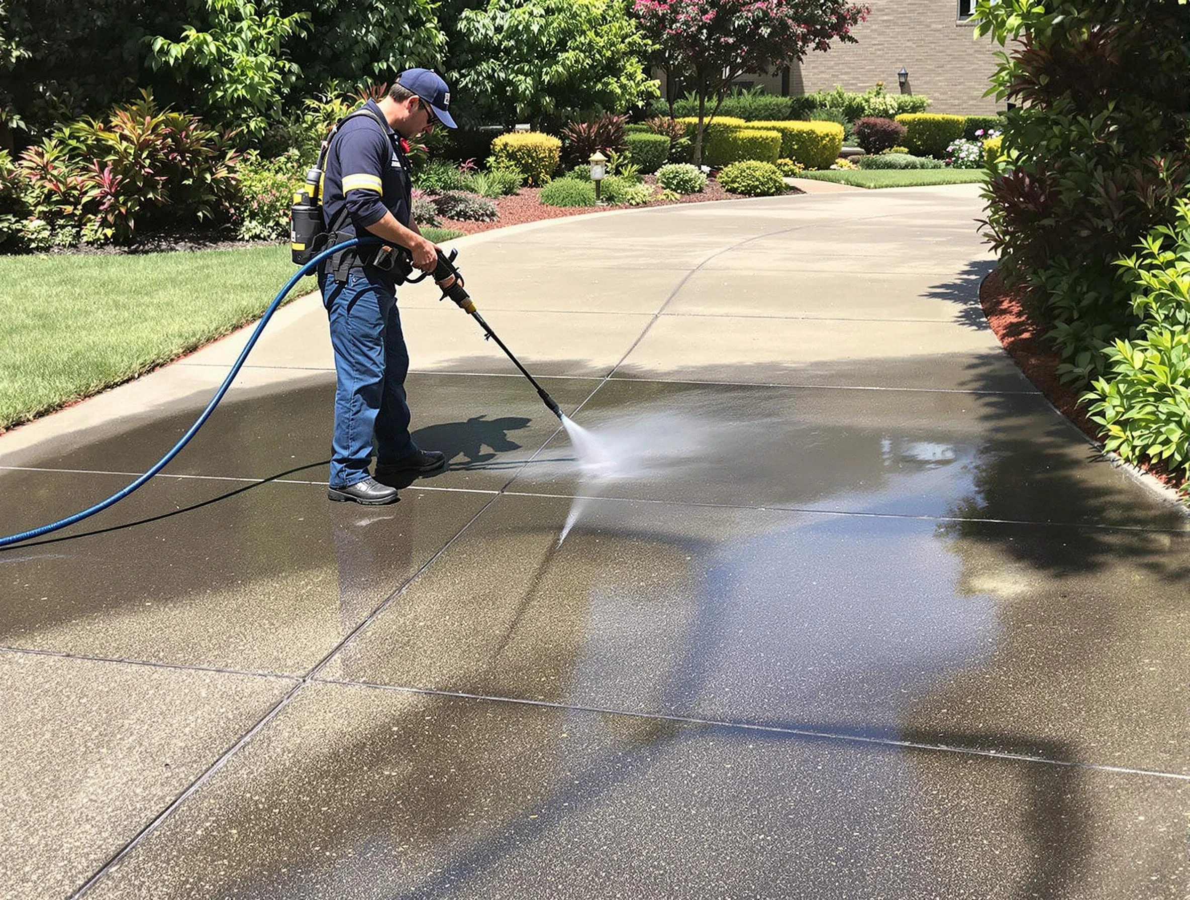 Experienced Elyria Power Washing team member pressure washing a driveway in Elyria